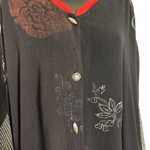 JG's Mad Lab Vintage Black Button-Up Tunic With Red Accents & Floral Design - Picture 3 of 10